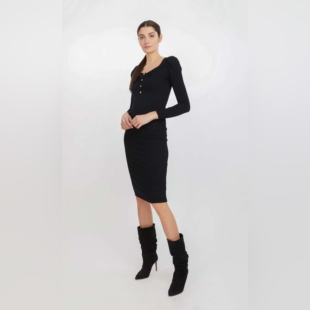 NWT M Black Rib Knit Puff Sleeve Gold Button Midi Dress Generation Love